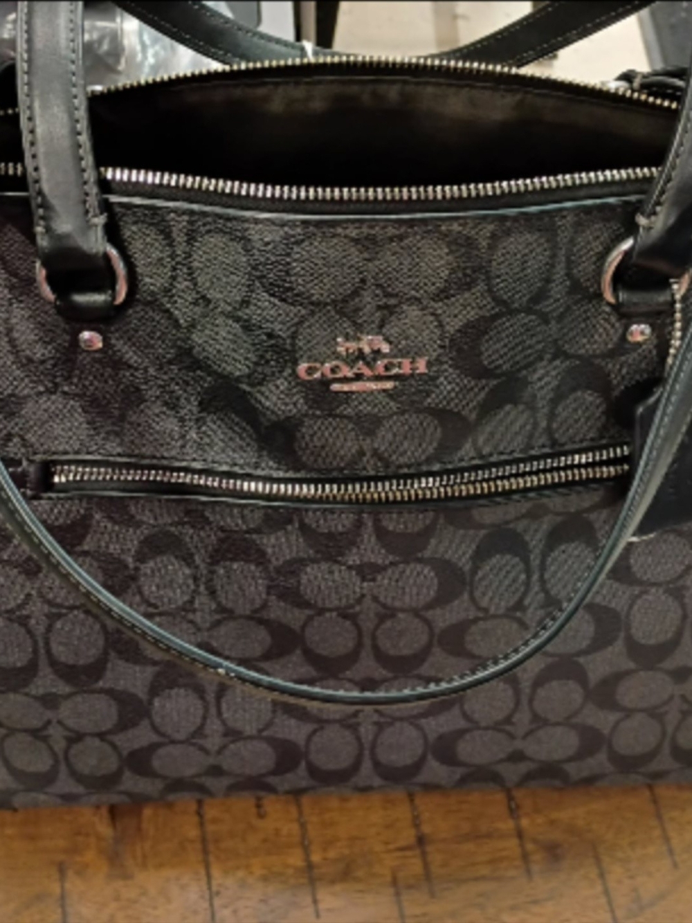 Coach Black Signature Canvas Tote with Front Zip Pocket
